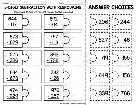 3 Digit Subtraction With Regrouping Matching Worksheet Worksheets Library