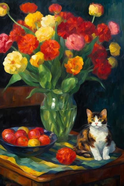 Una Pintura De Un Gato Sentado En Una Mesa Junto A Un Jarr N Con Flores