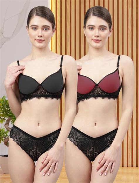Buy In Curve Women S Black Maroon Net Bra Panty Set For Lingerie Set