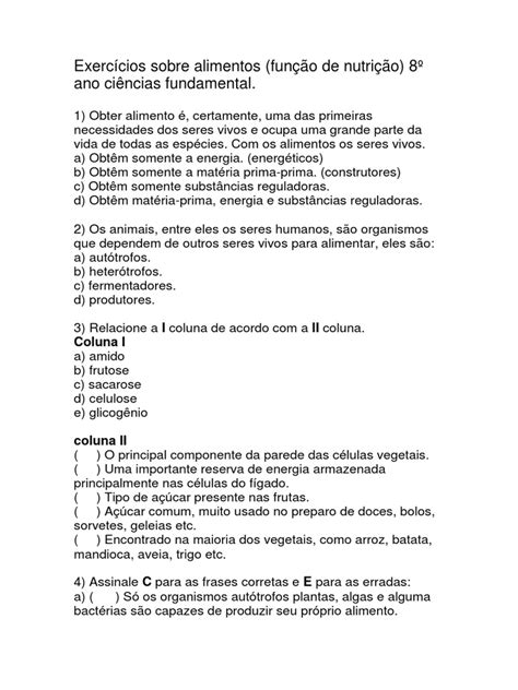 Exercícios Sobre Alimentos E Nutrientes 8 Ano Pdf - Exercícios sobre Nutrição para 8º Ano | PDF | Vitamina | Alimentos