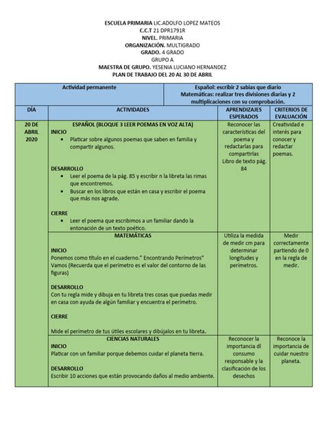 Plan De Trabajo Del 20 Al 30 De Abril Cuarto Grado Pdf Residuos