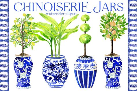 Chinoiserie Blue Jars Watercolor Clipart Watercolor Blue Tile