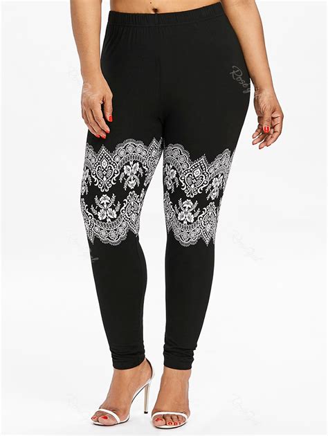 [34 Off] Plus Size Lace Print High Waist Leggings Rosegal