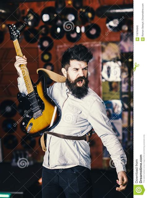 Musician With Beard Singing Song In Karaoke Rear View Rock Singer Concept Guy Likes To Sing