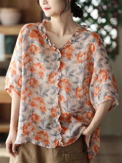 Artistic Retro Ramie Floral Printed Falbala Blouse Top Orange One Size