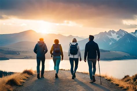 Tres personas caminando por un sendero con montañas al fondo Foto Premium