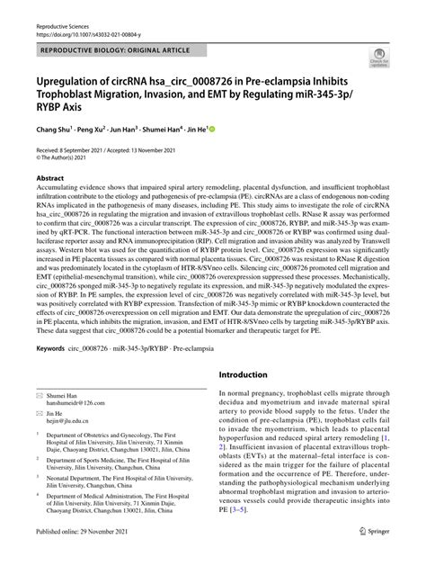 PDF Upregulation Of CircRNA Hsa Circ 0008726 In Pre Eclampsia