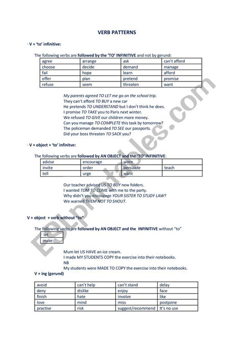 Verb Patterns Esl Worksheet By Angelaclare