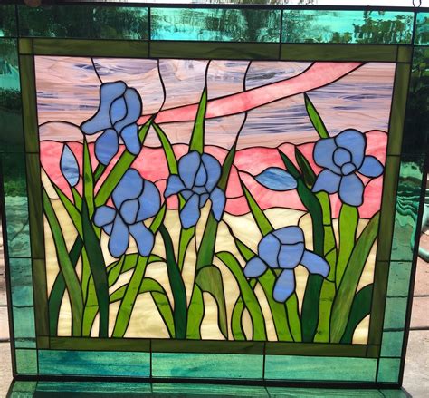 Pastel & Purple Irises Stained Glass Window Panel Blue Iris - Etsy