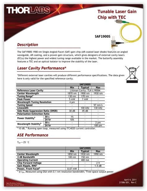 Tunable Laser Gain Chip With Tec Thorlabs