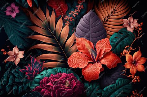 Premium AI Image | Tropical flowers and leaves dark background