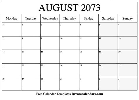 August 2073 Calendar - Free Printable with Holidays and Observances