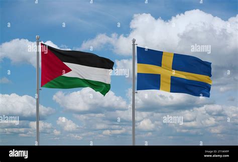 Banderas De Suecia Y Palestina Y La Franja De Gaza Ondeando Juntas En