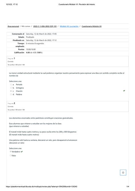 Cuestionario M Dulo Vii Revisi N Del Intento Comenzado El Saturday