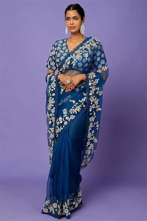 Navy Blue Embroidered Saree Set By Summer By Priyanka Gupta At Pernias Pop Up Shop 2024