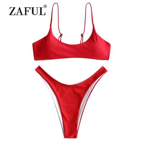 Zaful Women Bikini Padded High Cut Thong Bottom Bikini Set Solid Women