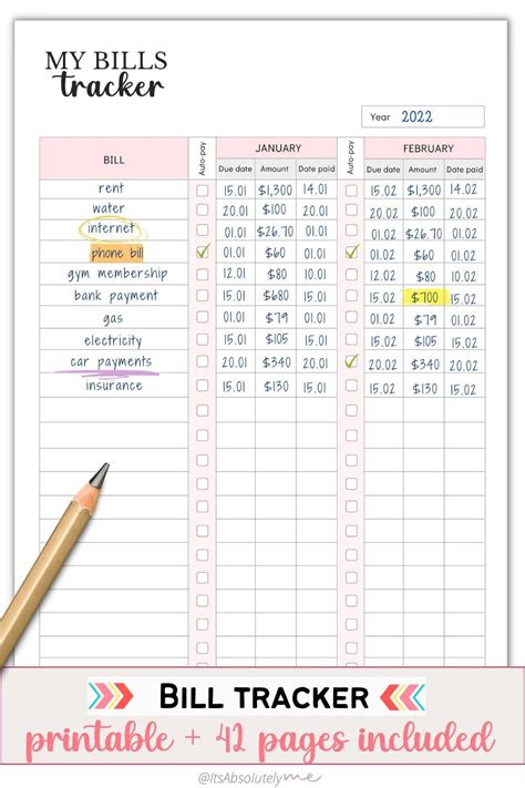 Bill Tracker Bill Organizer Colorful Bill Payment Log With