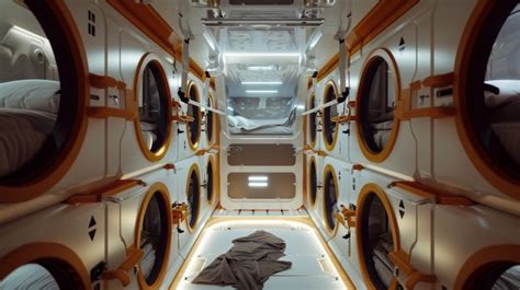 Premium Photo | The living quarters featuring compact sleeping pods and ...