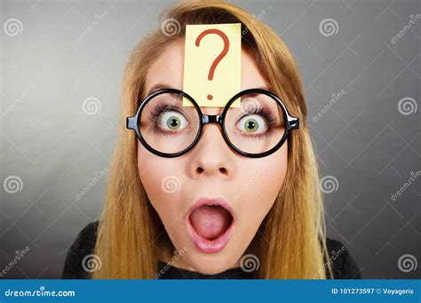 Weirdo Nerd Woman Having Question Mark On Forehead Stock Image Image