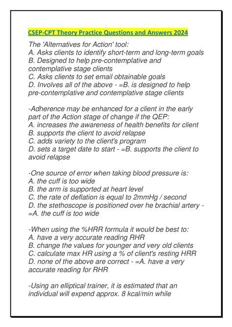 Csep Cpt Theory Practice Questions And Answers Exams Nursing