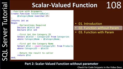 Scalar Valued Functions Part 2 Without Parameters Ssms Tsql Tutorial 108 Youtube