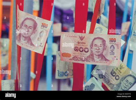 Donation Money Thai Banknotes Hanging On Rope Donated By Visitors At