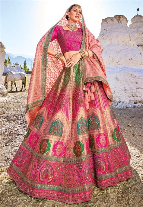 Pink Banarasi Silk Circular Lehenga Choli For Wedding