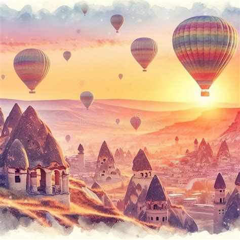 Watercolor Illustration Of Hot Air Balloons At Sunset In Cappadocia