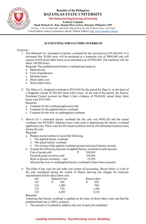 Accounting For Factory Overhead Republic Of The Philippines Batangas