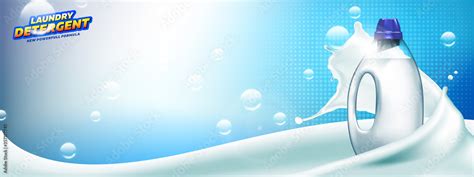 Laundry Detergent Banner Blank Bottle Filled By Detergent With Liquid Soap Splash And Bubbles