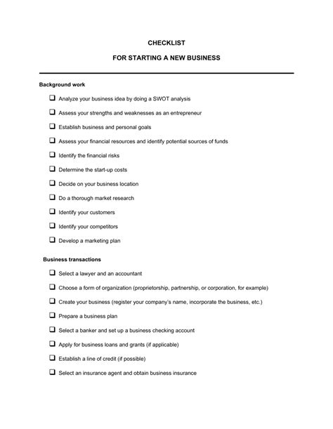 Printable Business Startup Checklist Template