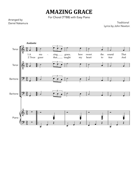 Amazing Grace For Choral TTBB With Easy Piano Arr Daniel Nakamura