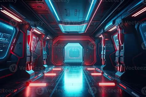 Futuristic Corridor Hallway Tunnel With Neon Light Hi Tech Sci Fi