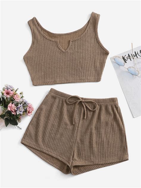 Rib Knit Notched Knot Front Lounge Set Cute Outfits With Shorts