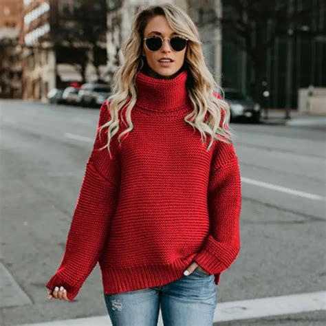 Women Turtleneck Sweater Winter Autumn High Neck Thermal Knitted