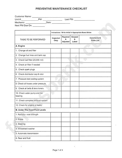 Preventive Maintenance Checklist Template Preventive
