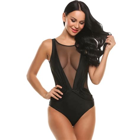 Ekouaer Women Sexy Deep V Neck One Piece Swimsuit High Waist Sheer Mesh