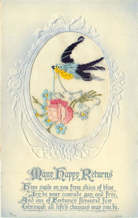 Many Happy Returns Oval Inset Bird Carries Pink Rose Forget Me Me