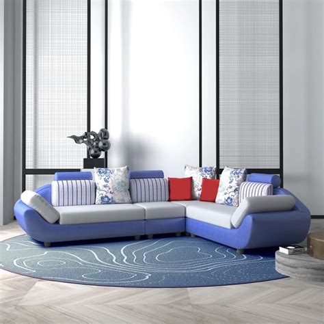 Sunuzu Elora 6 Seater Corner Fabric L Shape Sofa Set Light Grey Blue