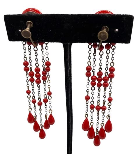 Red Dangle Glass Bead Czech Earrings Ruby Lane