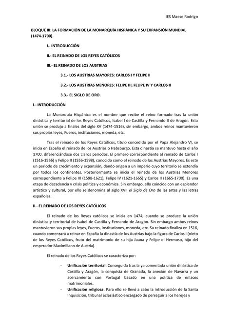 Bloque Iii Monarqu A Hisp Nica Pdf Ies Maese Rodrigo Bloque Iii La