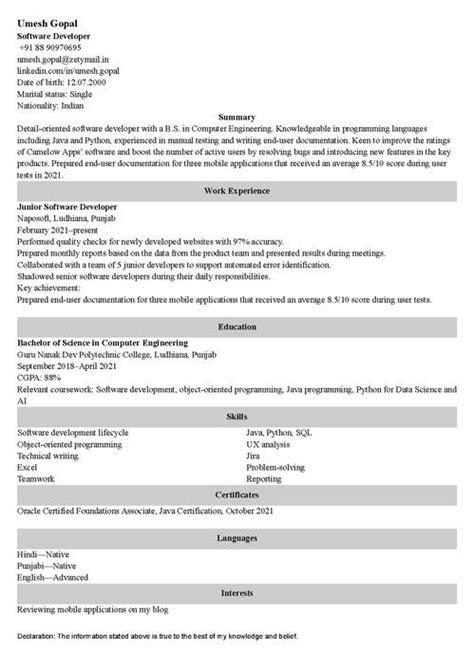 1 Year Experience Resume Sample Format And Writing Guide