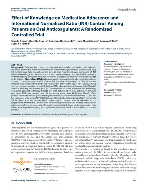 Pdf Effect Of Knowledge On Medication Adherence And Inr Control Among Patients On Oral