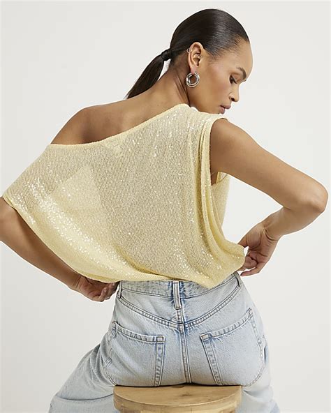 Yellow Sequin Off Shoulder Top River Island