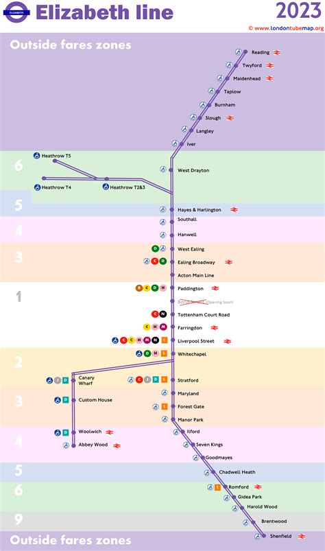 Map of the Elizabeth Line (Purple line). Updated 2023.