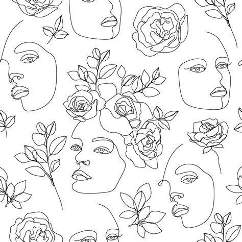 Vector Seamless Pattern Continuous Line Art With Woman Face Flowers