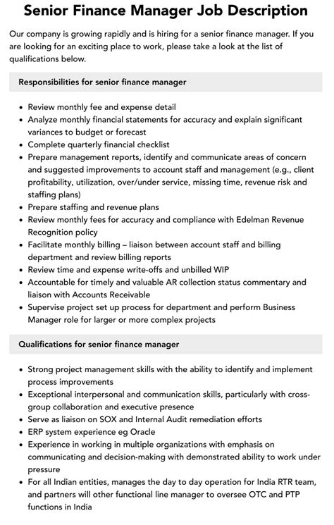 Senior Finance Manager Job Description Velvet Jobs