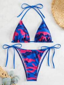 Camo Print Halter Triangle Tie Side Bikini Set For Summer Beach SHEIN USA