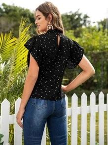 Heart Confetti Mock Neck Keyhole Back Blouse Shein Usa