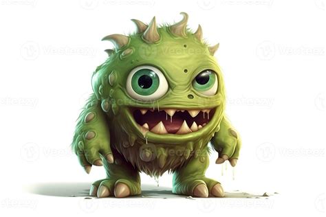 Funny Green Cartoon Monster On White Background Scary Creature Cute